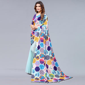 Light Blue Floral Printed Chiffon Half and Half Saree