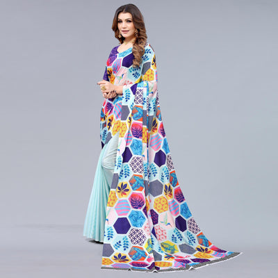 Light Blue Floral Printed Chiffon Half and Half Saree