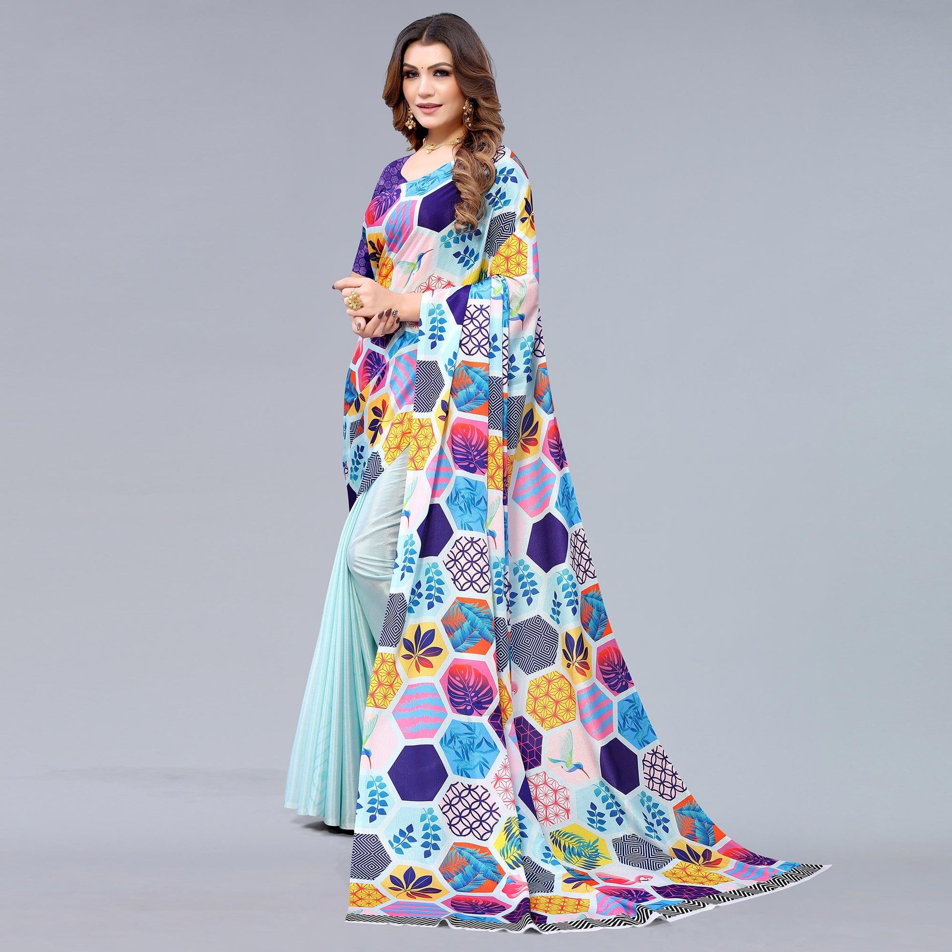 Light Blue Floral Printed Chiffon Half and Half Saree