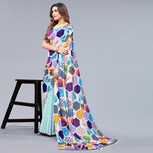 Light Blue Floral Printed Chiffon Half and Half Saree