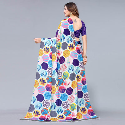 Light Blue Floral Printed Chiffon Half and Half Saree