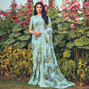 Light Blue Floral Printed Georgette Saree