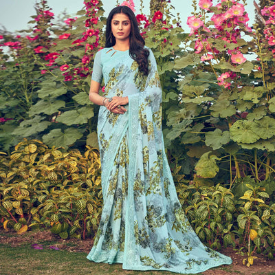 Light Blue Floral Printed Georgette Saree