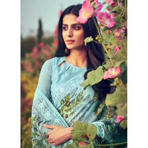 Light Blue Floral Printed Georgette Saree