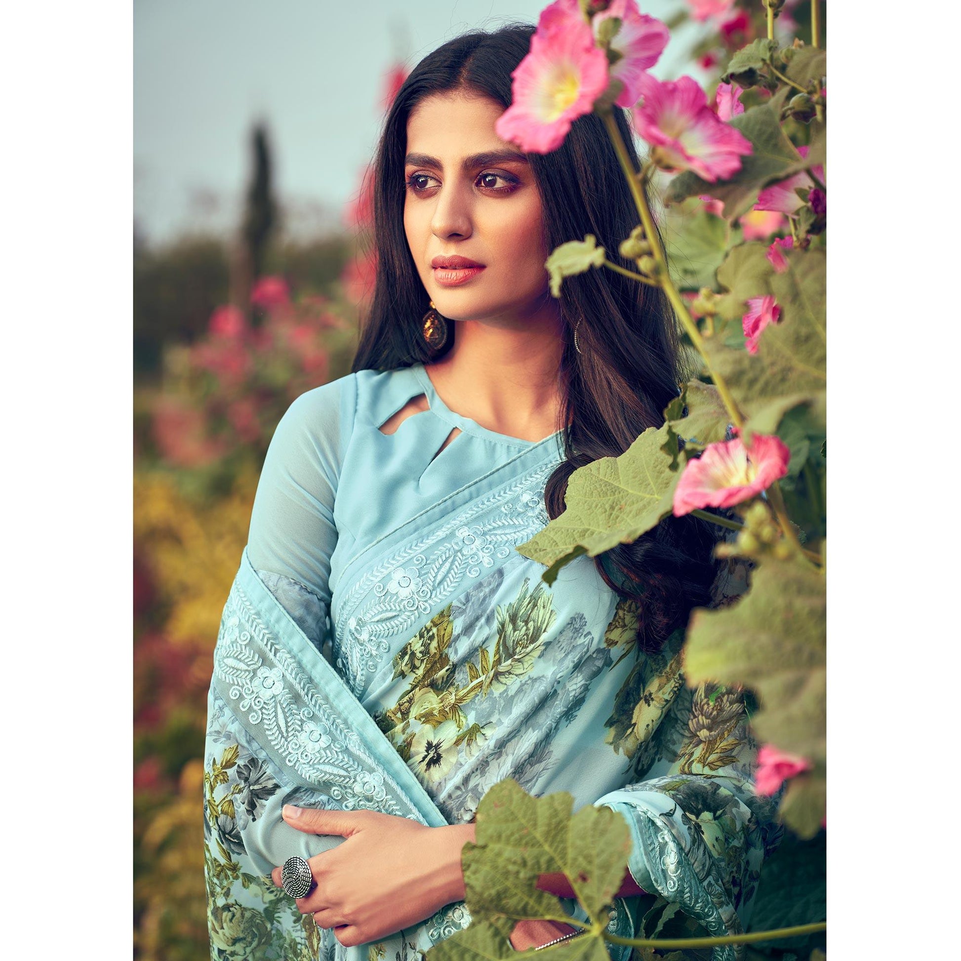 Light Blue Floral Printed Georgette Saree