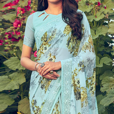 Light Blue Floral Printed Georgette Saree