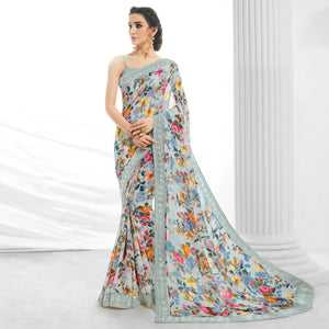 Light Blue Floral Printed With Embroidered Border Georgette Saree