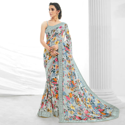 Light Blue Floral Printed With Embroidered Border Georgette Saree