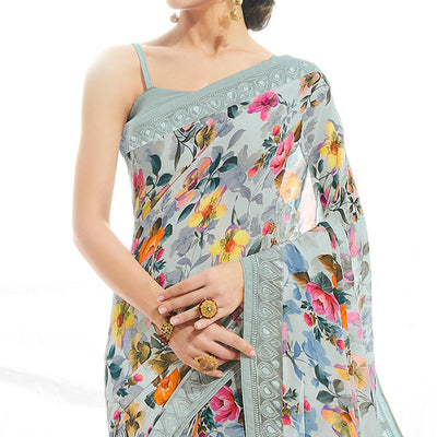 Light Blue Floral Printed With Embroidered Border Georgette Saree