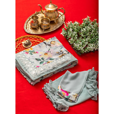 Light Blue Floral Printed With Embroidered Border Georgette Saree
