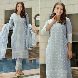 Light Blue Lucknowi Embroidered Pure Cotton Kurti Pant Set with Dupatta