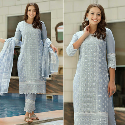 Light Blue Lucknowi Embroidered Pure Cotton Kurti Pant Set with Dupatta