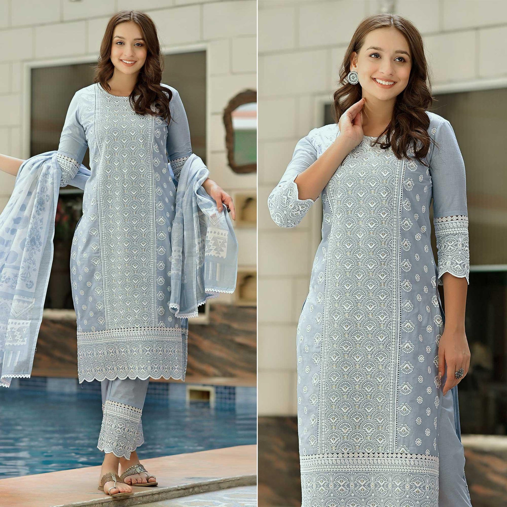 Light Blue Lucknowi Embroidered Pure Cotton Kurti Pant Set with Dupatta