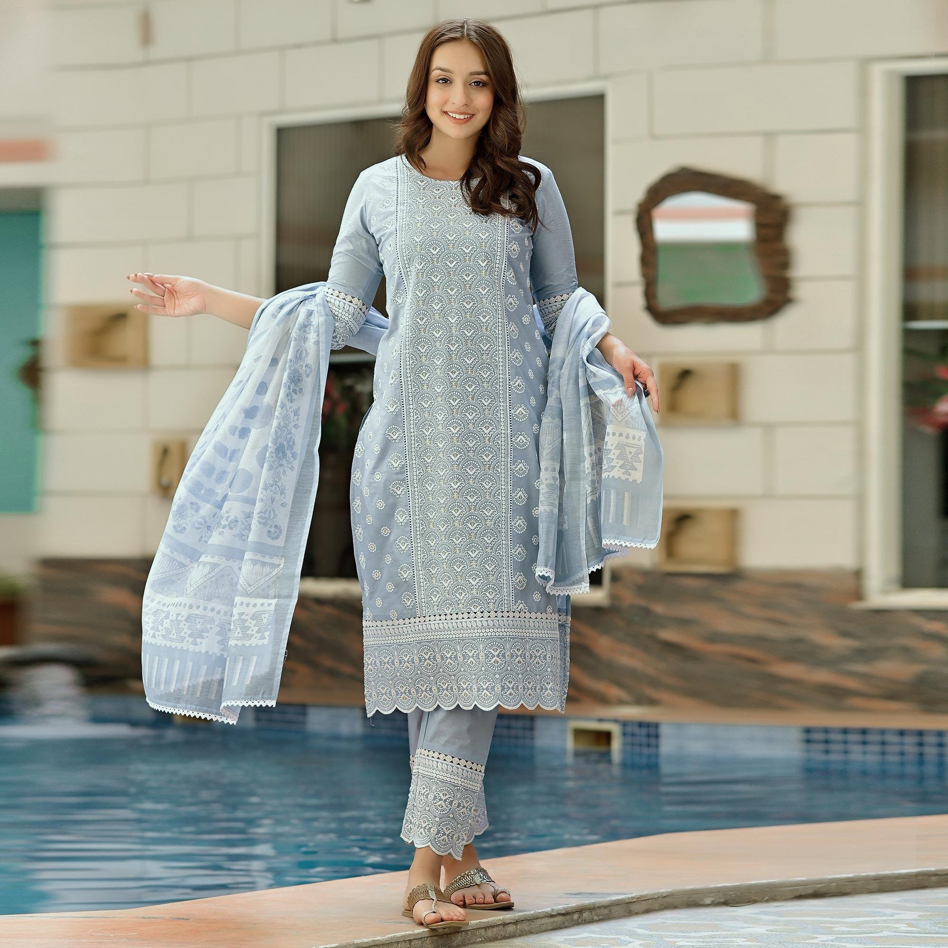 Light Blue Lucknowi Embroidered Pure Cotton Kurti Pant Set with Dupatta