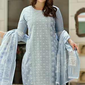 Light Blue Lucknowi Embroidered Pure Cotton Kurti Pant Set with Dupatta