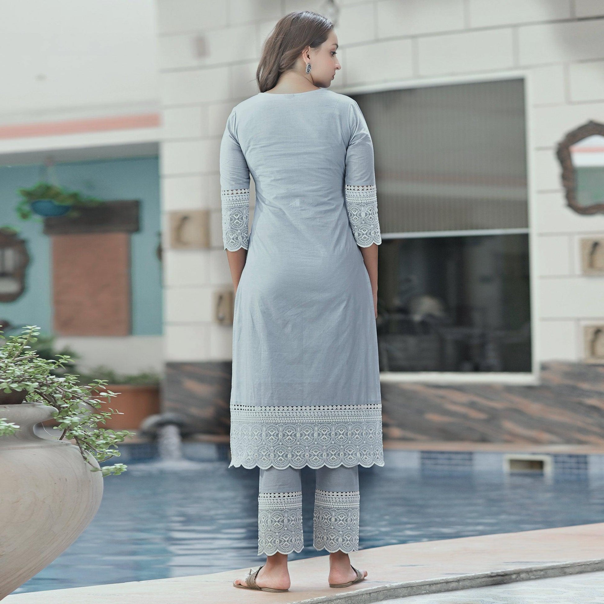 Light Blue Lucknowi Embroidered Pure Cotton Kurti Pant Set with Dupatta