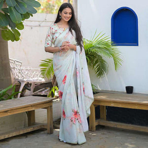 Light Blue Party Wear Digital Printed Georgette Saree