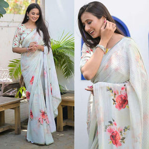 Light Blue Party Wear Digital Printed Georgette Saree