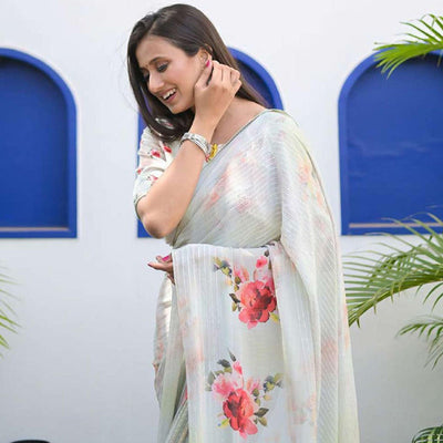 Light Blue Party Wear Digital Printed Georgette Saree