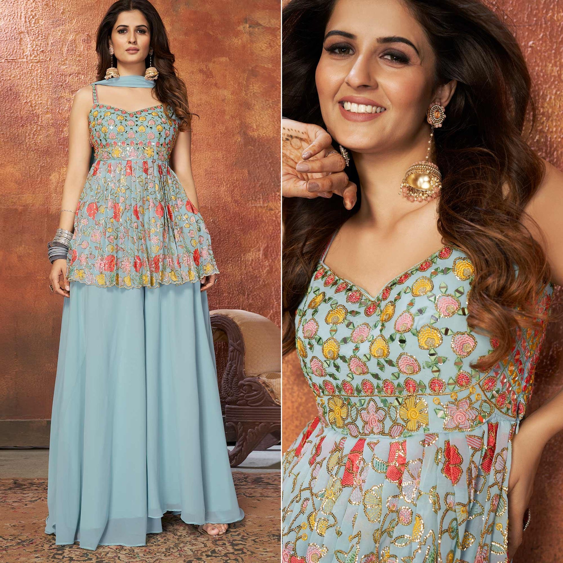 Light Blue Party Wear Embroiddered Georgette Sharara Suit