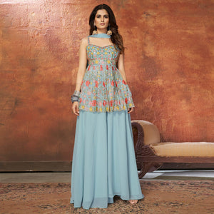 Light Blue Party Wear Embroiddered Georgette Sharara Suit