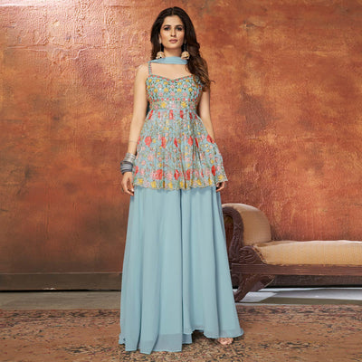 Light Blue Party Wear Embroiddered Georgette Sharara Suit
