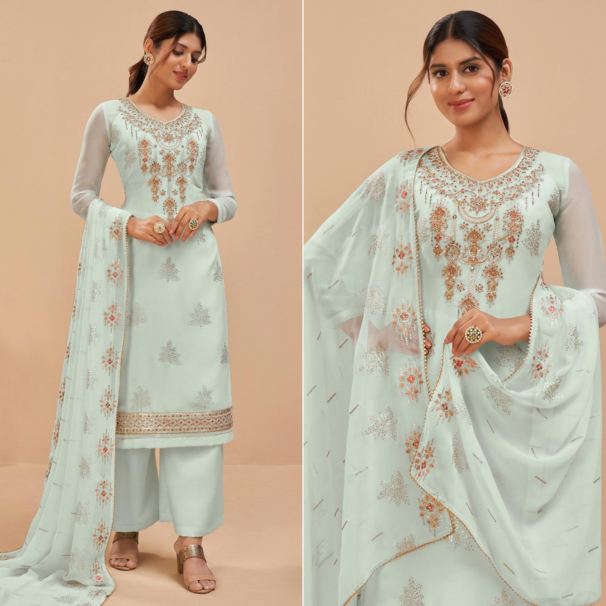 Light Blue Party Wear Embroidered Georgette Suit