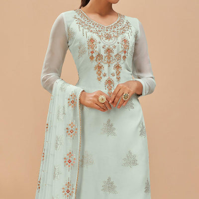 Light Blue Party Wear Embroidered Georgette Suit