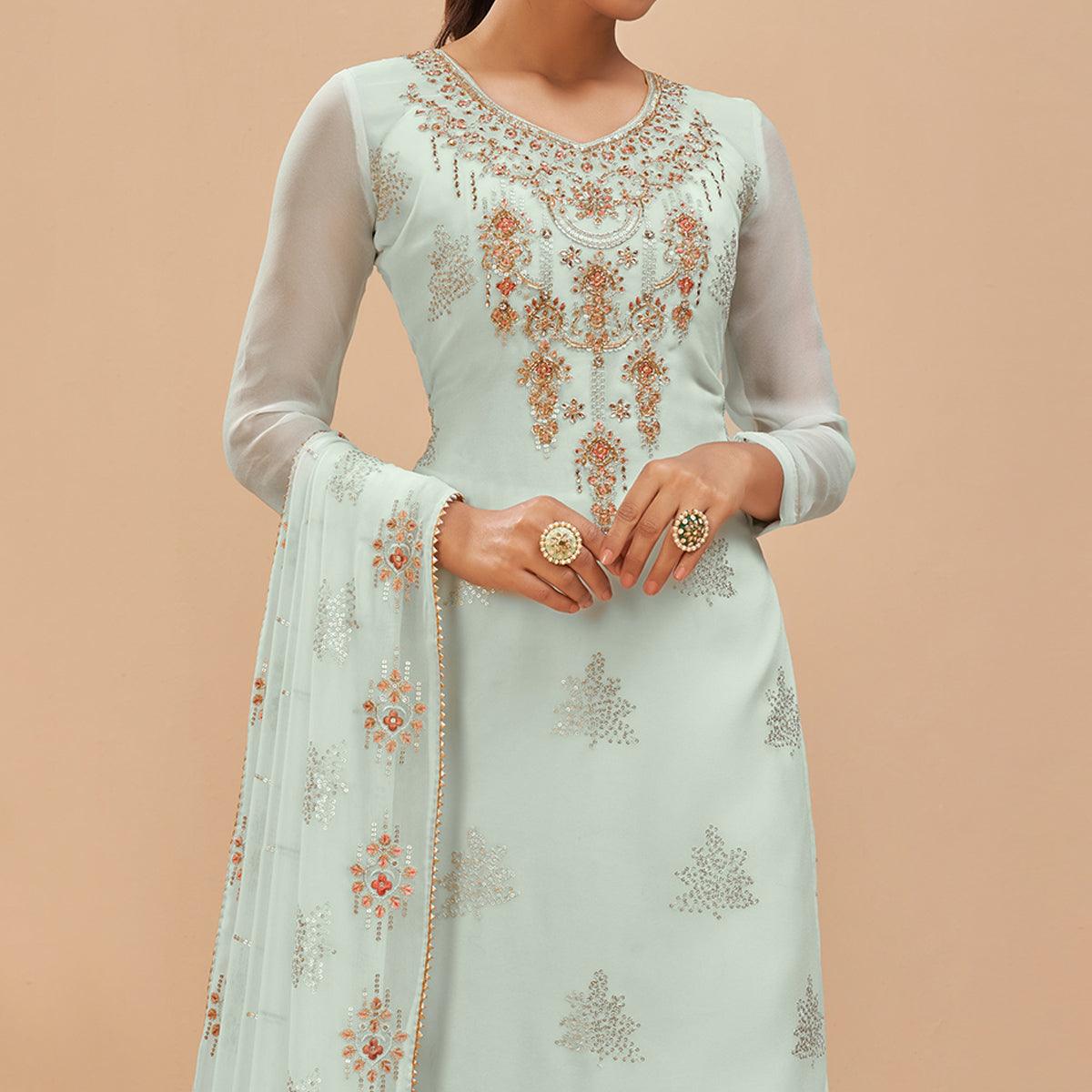 Light Blue Party Wear Embroidered Georgette Suit