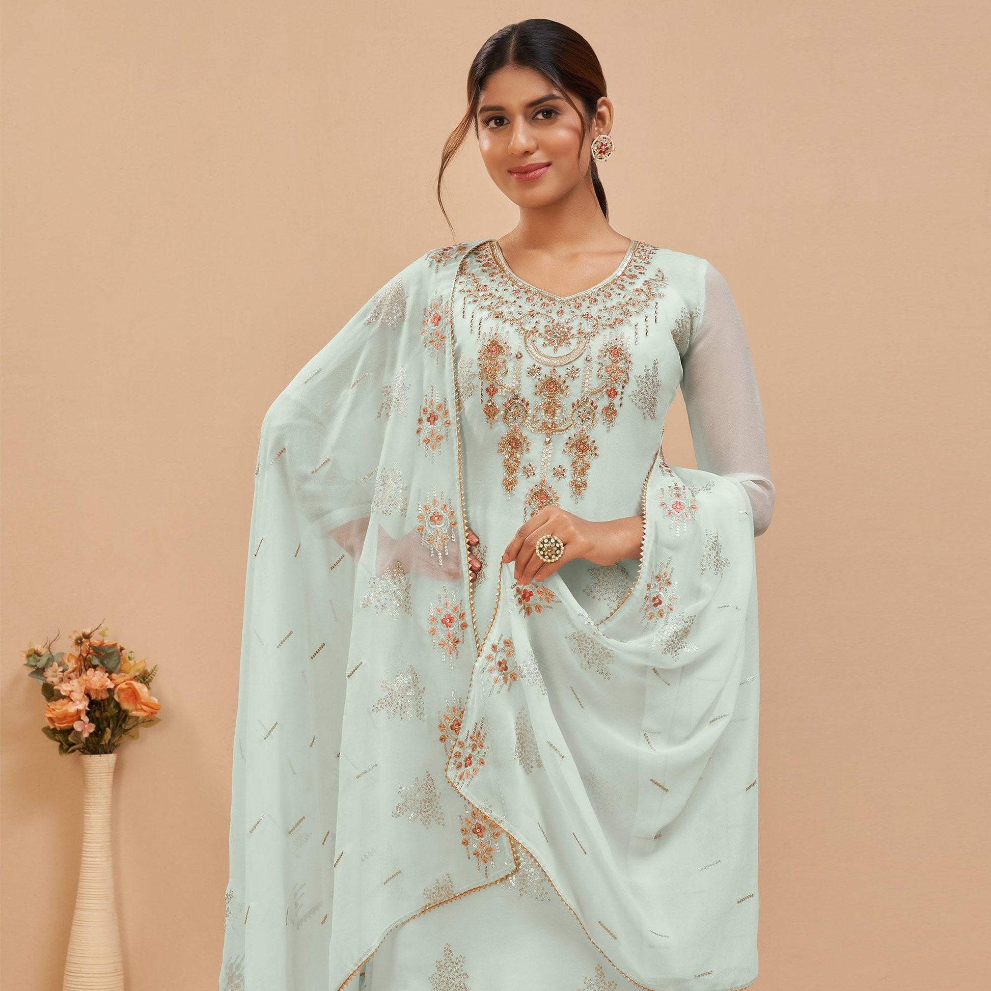 Light Blue Party Wear Embroidered Georgette Suit