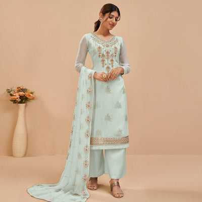 Light Blue Party Wear Embroidered Georgette Suit