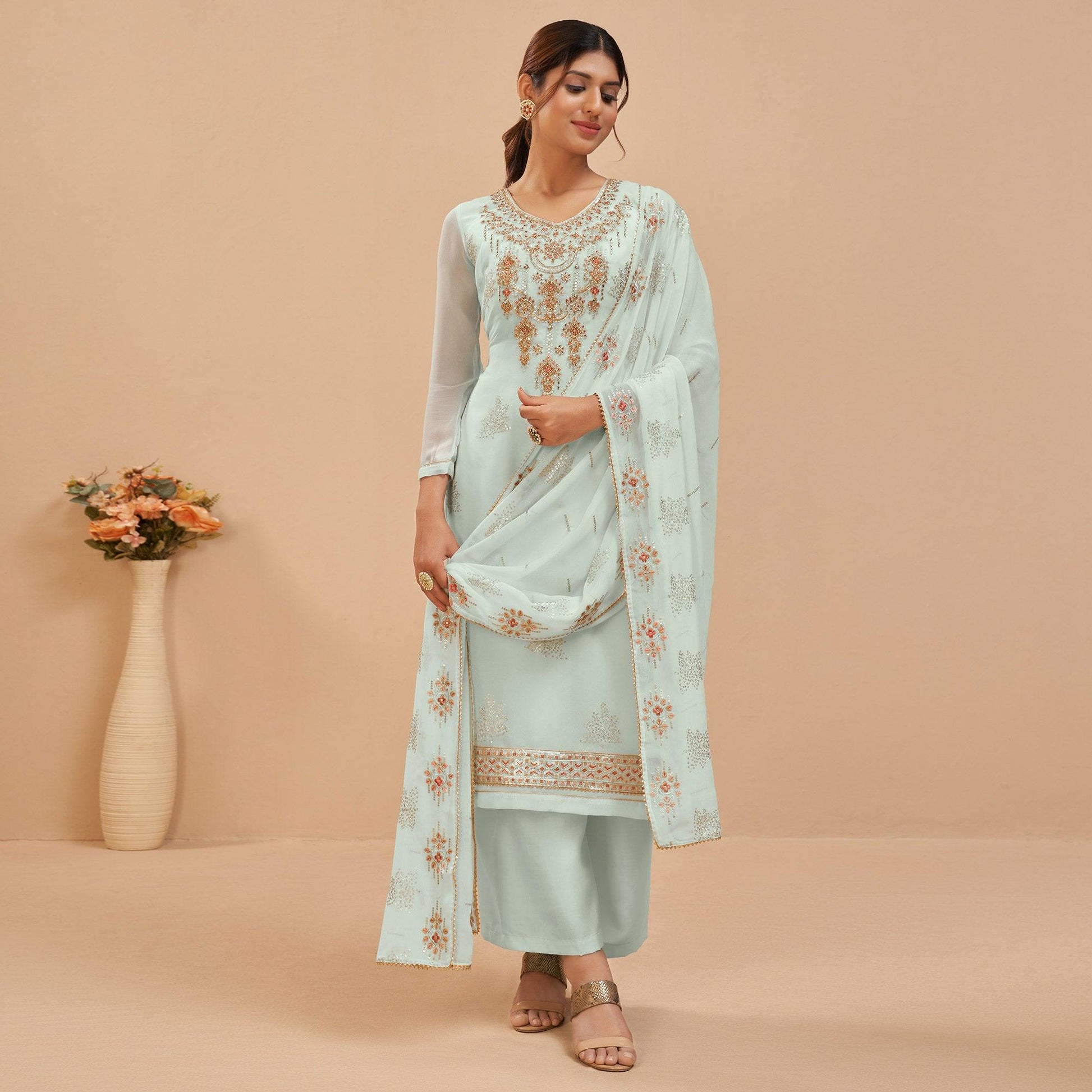 Light Blue Party Wear Embroidered Georgette Suit