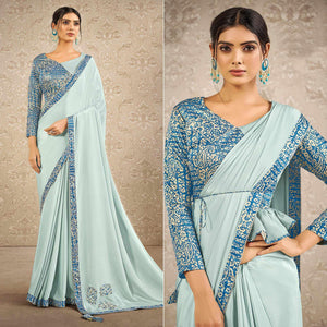 Light Blue Partywear Appliqued With Digital Printed Satin Saree