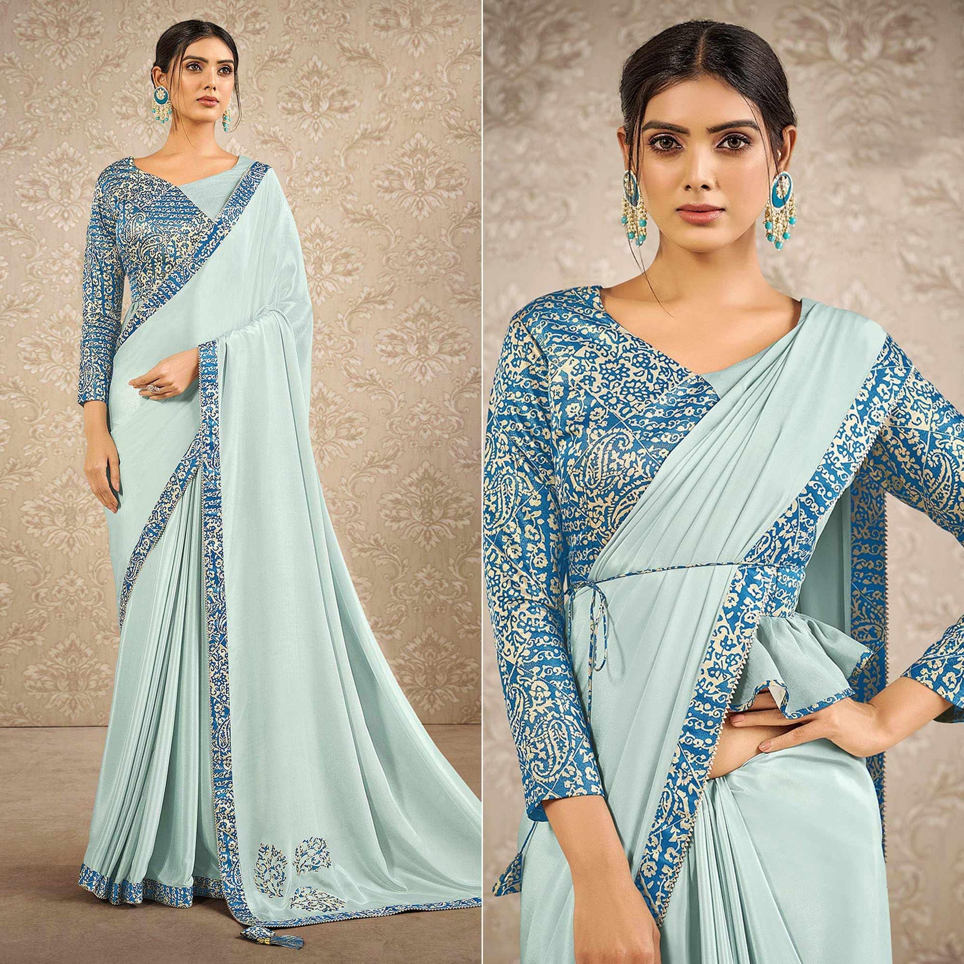 Light Blue Partywear Appliqued With Digital Printed Satin Saree