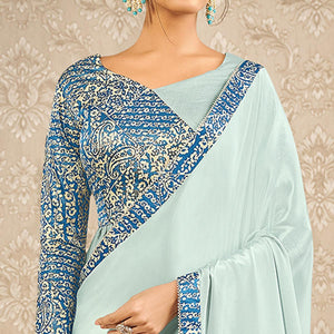 Light Blue Partywear Appliqued With Digital Printed Satin Saree