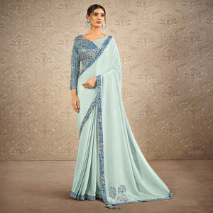 Light Blue Partywear Appliqued With Digital Printed Satin Saree
