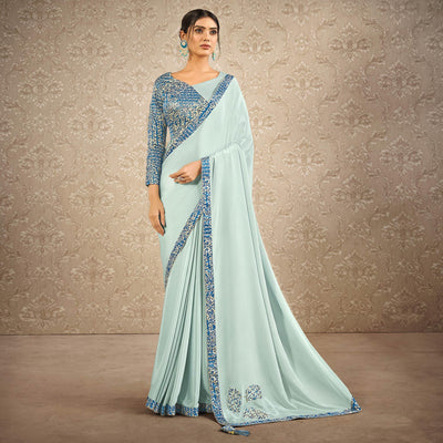 Light Blue Partywear Appliqued With Digital Printed Satin Saree