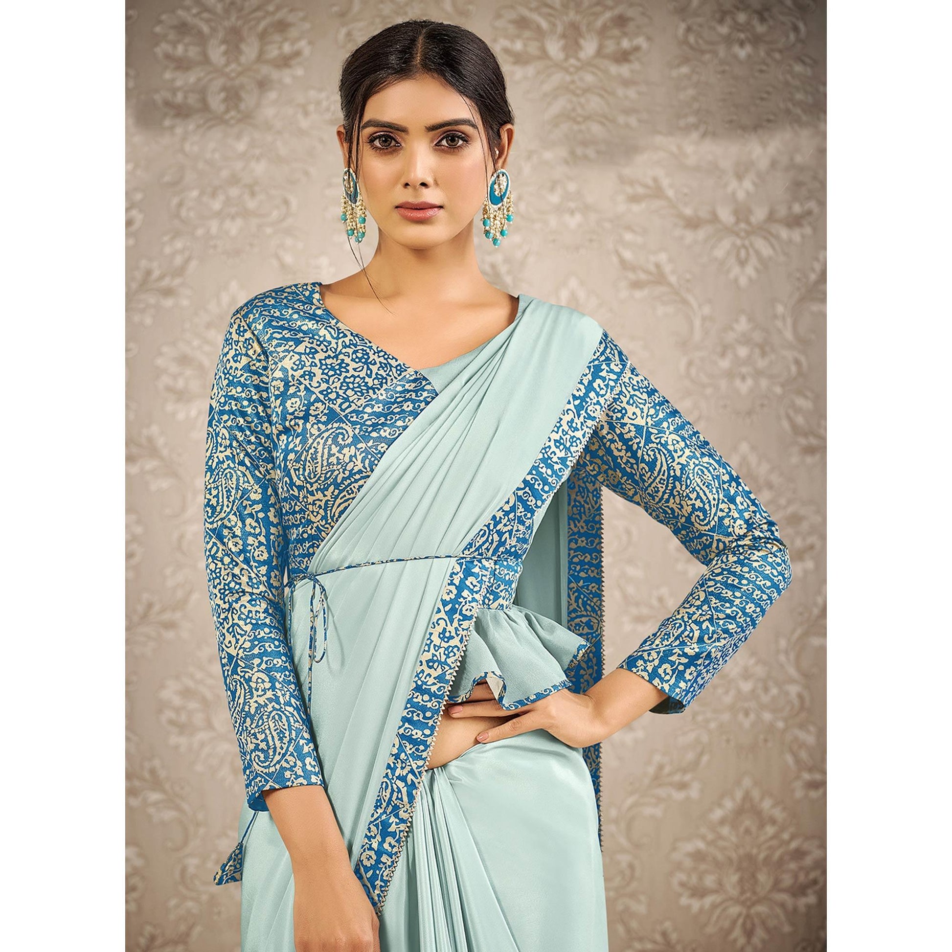 Light Blue Partywear Appliqued With Digital Printed Satin Saree