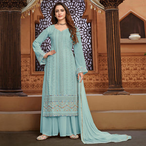 Light Blue Partywear Designer Embroidered Heavy Faux Georgette Palazzo Suit