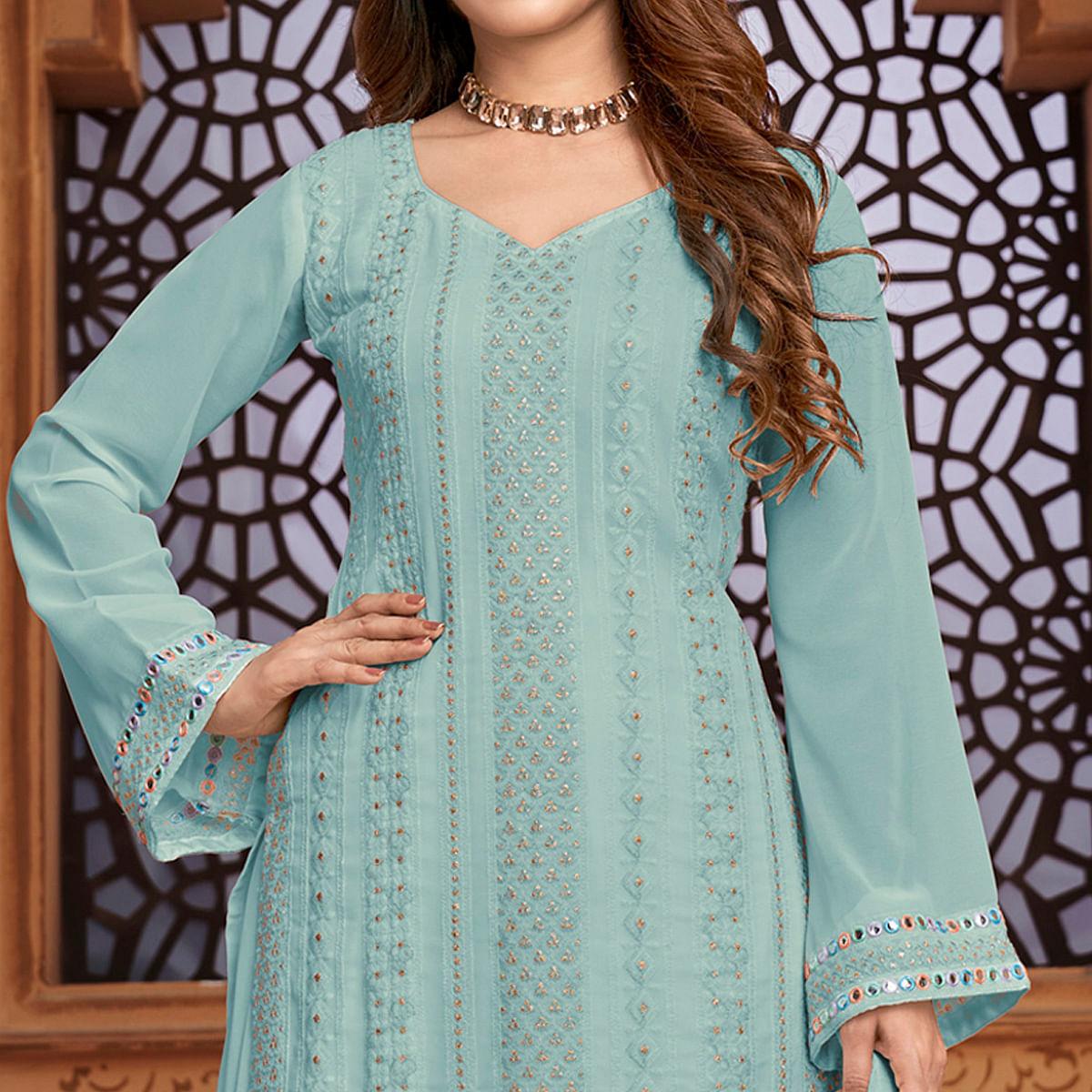 Light Blue Partywear Designer Embroidered Heavy Faux Georgette Palazzo Suit