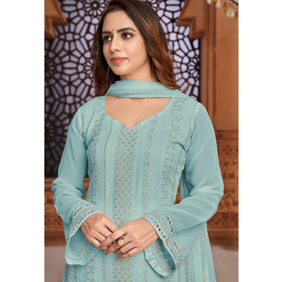 Light Blue Partywear Designer Embroidered Heavy Faux Georgette Palazzo Suit