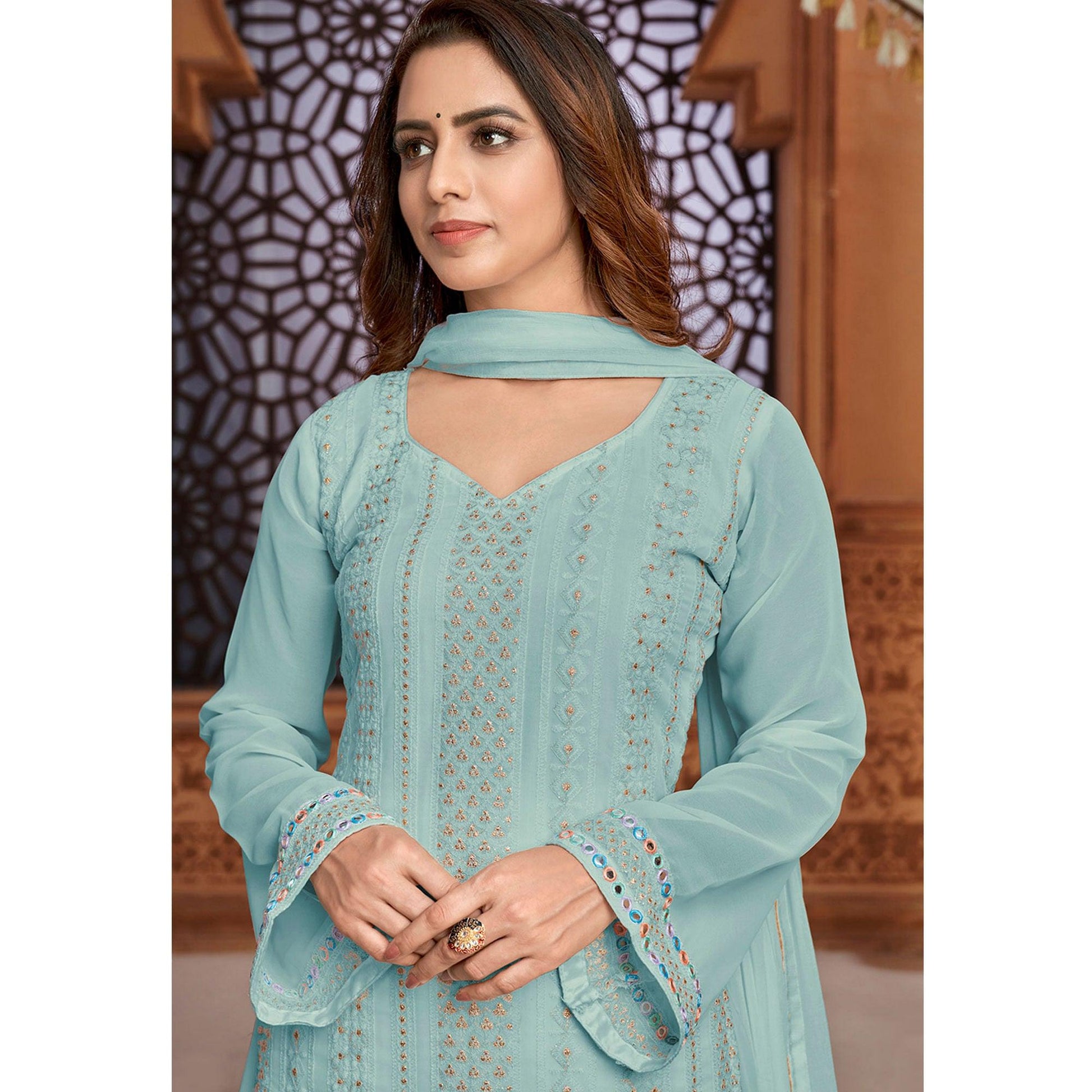 Light Blue Partywear Designer Embroidered Heavy Faux Georgette Palazzo Suit