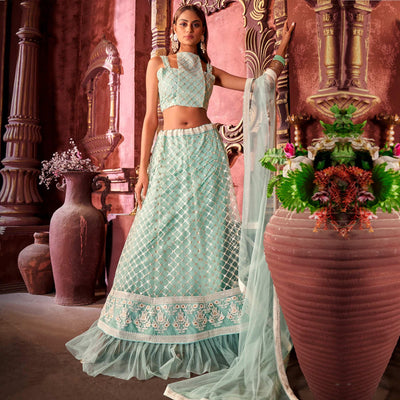 Light Blue Partywear Embroidered Net Lehenga Choli