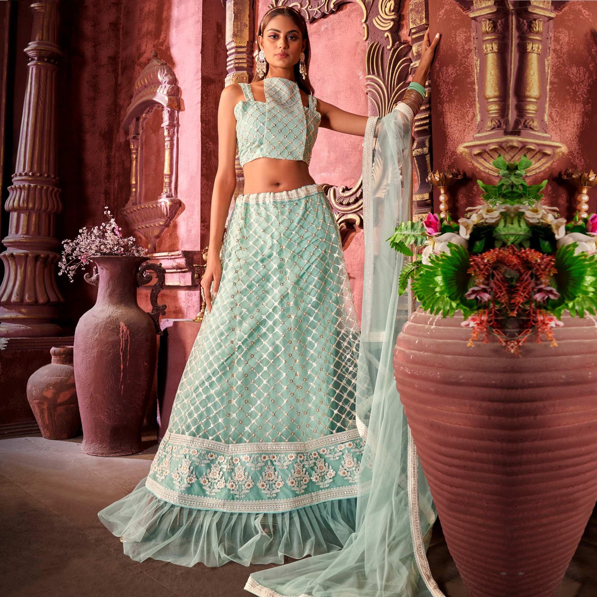 Light Blue Partywear Embroidered Net Lehenga Choli