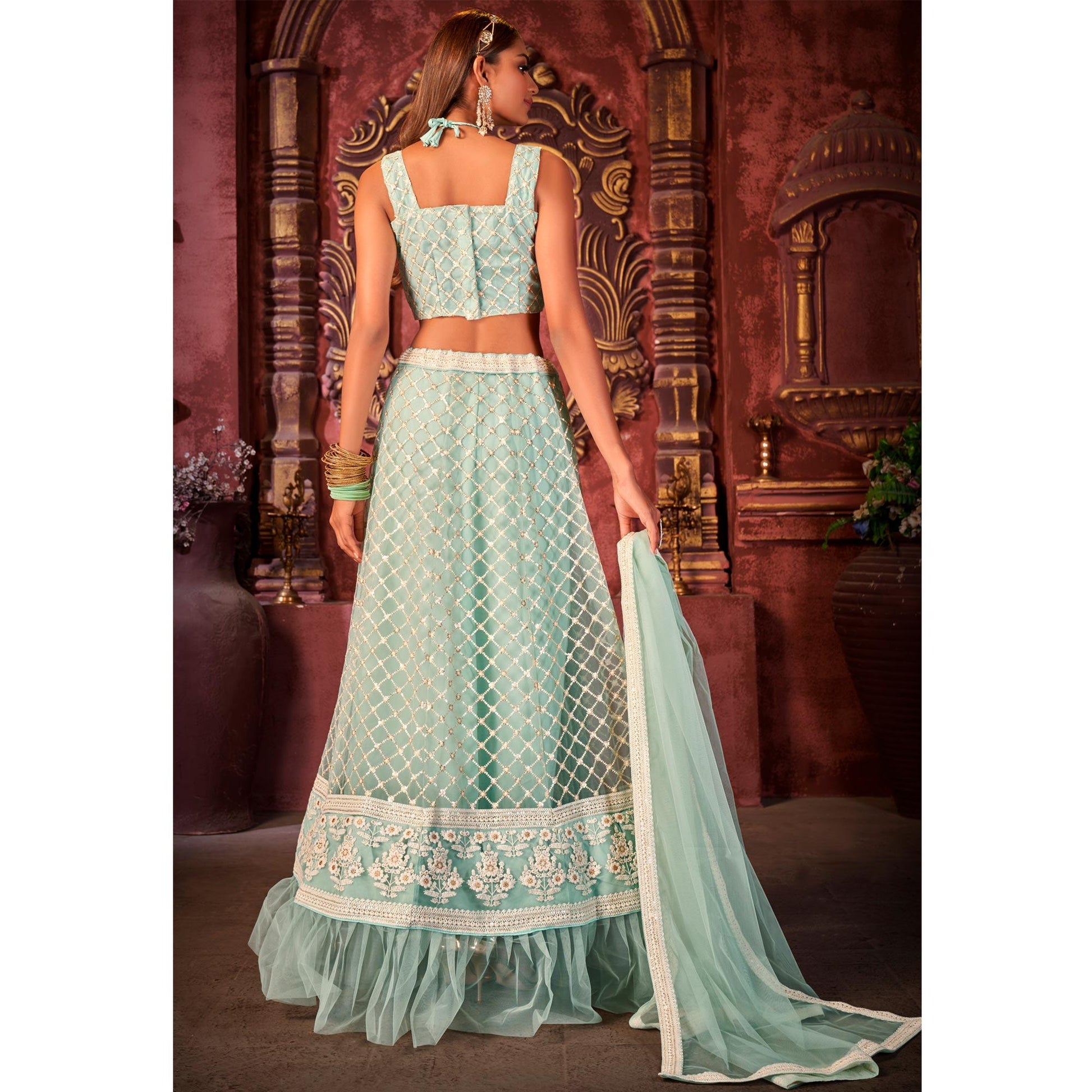 Light Blue Partywear Embroidered Net Lehenga Choli