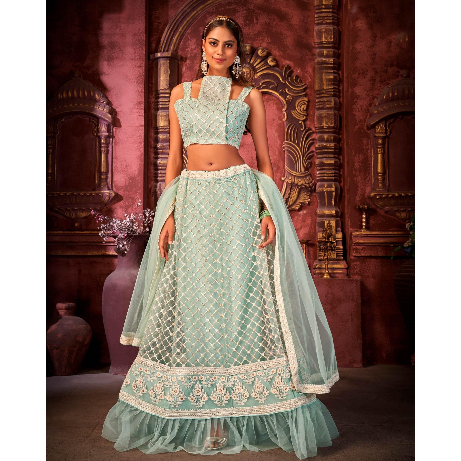 Light Blue Partywear Embroidered Net Lehenga Choli