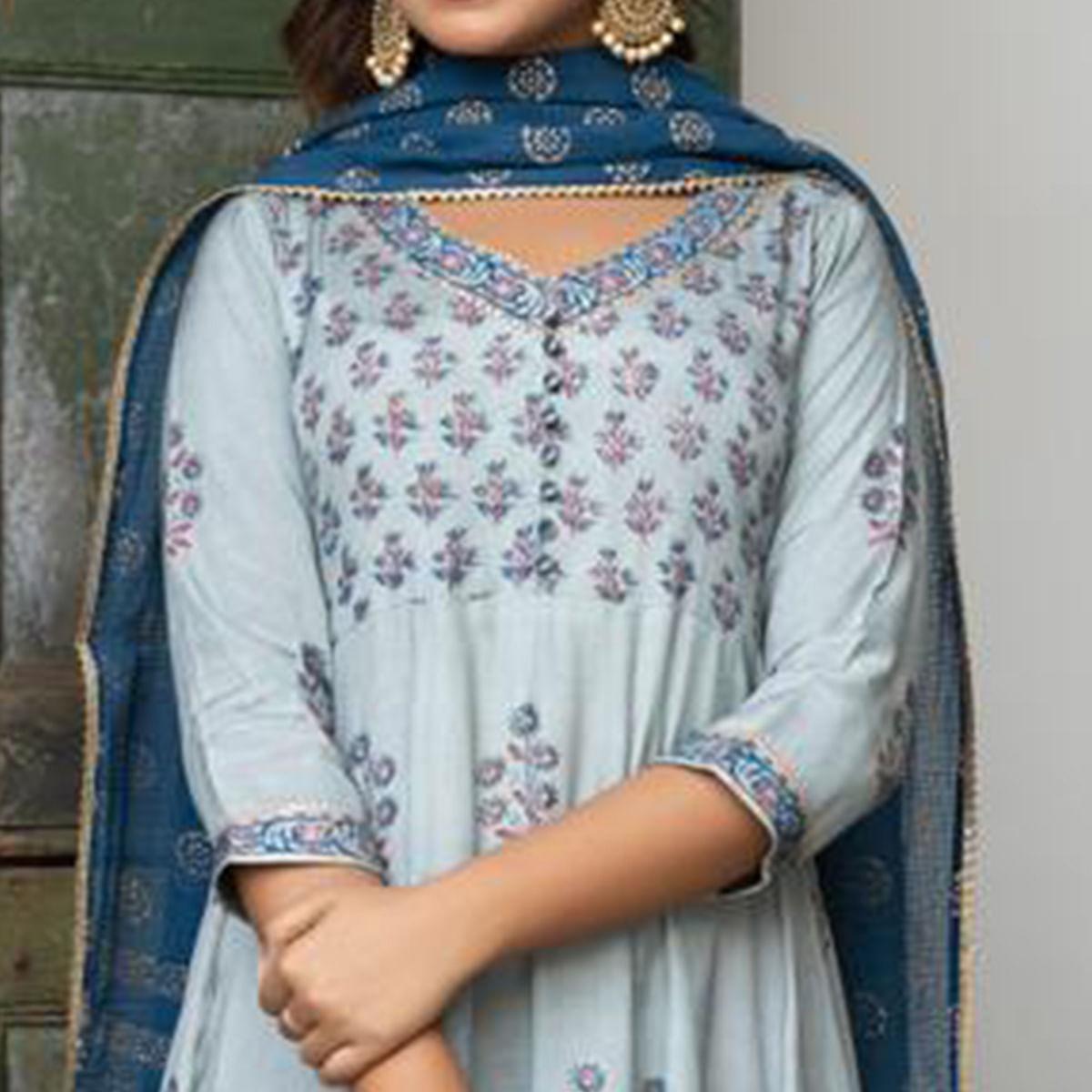 Light Blue Partywear Embroidery With Printed Cotton Silk Anarkali Suit