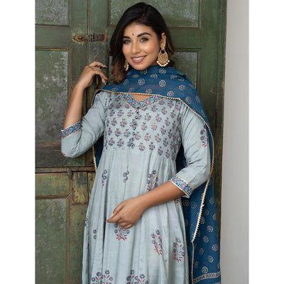 Light Blue Partywear Embroidery With Printed Cotton Silk Anarkali Suit