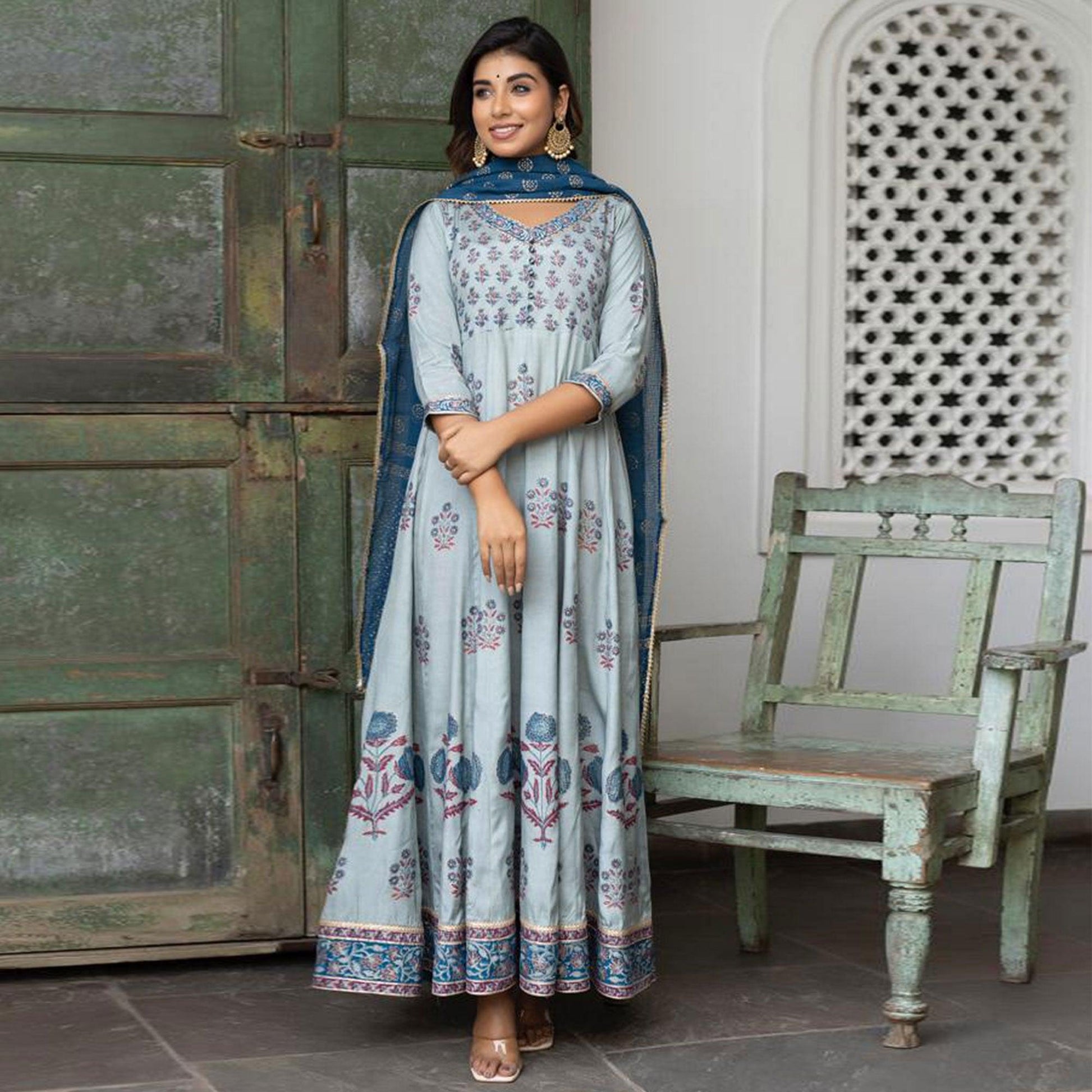 Light Blue Partywear Embroidery With Printed Cotton Silk Anarkali Suit
