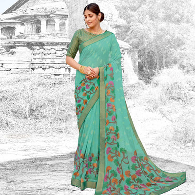 Light Blue Partywear Printed Brasso Saree